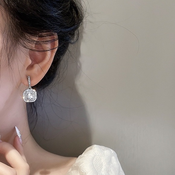 Any 2/$20! Silver Square Crystal Pave Drop Stud Earrings - Picture 4 of 6